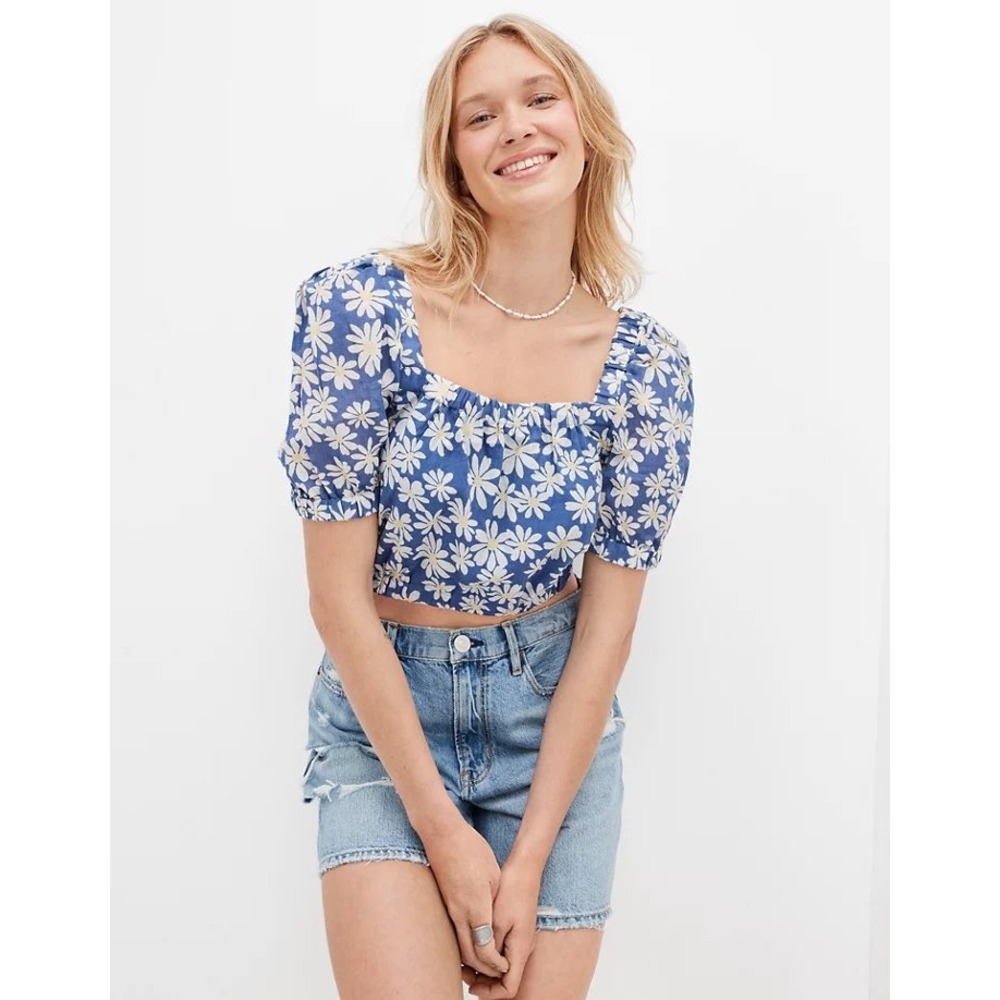 American Eagle Blue Daisy Floral Puff Sleeve Crop Top Square Neck Cotton Medium